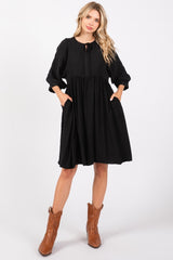 Black Printed Front Tie Maternity 3/4 Sleeve Dress