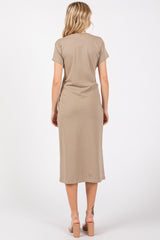 Mocha Tie Front Round Neck Knit Midi Dress