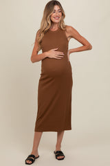 Mocha Ribbed Knit Sleeveless Maternity Dress