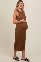 Mocha Ribbed Knit Sleeveless Maternity Dress