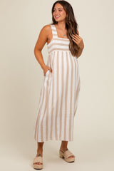 Beige Striped Wide Strap Maternity Midi Dress