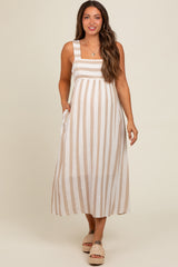 Beige Striped Wide Strap Maternity Midi Dress