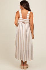 Beige Striped Wide Strap Maternity Midi Dress