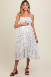 White Floral Smocked Sleeveless Maternity Midi Dress