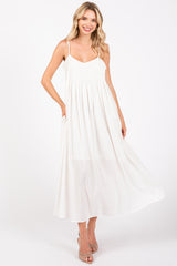 White Striped V-Neck Sleeveless Side Pocket Maternity Dress