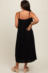 Black Striped V-Neck Sleeveless Side Pocket Maternity Dress