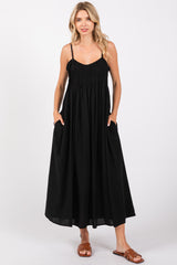 Black Striped V-Neck Sleeveless Side Pocket Maternity Dress