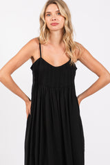 Black Striped V-Neck Sleeveless Side Pocket Dress