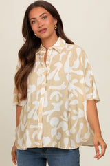 Beige Abstract Leaf Button Down Maternity Shirt