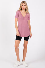 Mauve Ribbed Short Sleeve Button Detail Top