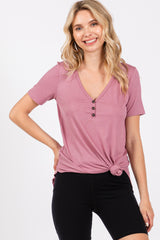 Mauve Ribbed Short Sleeve Button Detail Top