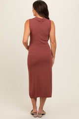 Brown Collared Sleeveless Twist Knit Maternity Midi Dress