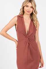 Brown Collared Sleeveless Twist Knit Midi Dress