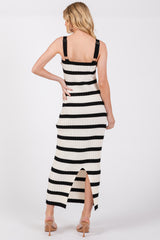 Black Striped Ribbed Knit Rosette Midi Dress