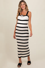 Black Striped Ribbed Knit Rosette Maternity Midi Dress