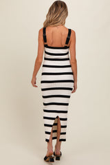 Black Striped Ribbed Knit Rosette Maternity Midi Dress