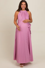 Pink Pleated Empire Tied Waist Maternity Midi Dress