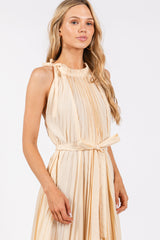 Cream Pleated Empire Tied Waist Midi Dress