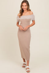 Beige Tulle Ruffle Off Shoulder Sweater Midi Dress