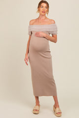 Beige Tulle Ruffle Off Shoulder Sweater Maternity Midi Dress