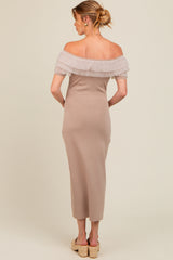 Beige Tulle Ruffle Off Shoulder Sweater Maternity Midi Dress