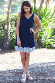 Navy Blue Colorblock Trim Lace Dress