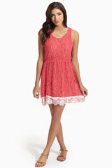 Coral Colorblock Trim Lace Dress