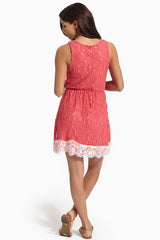 Coral Colorblock Trim Lace Dress