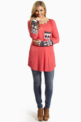 Coral Tribal Print Accent Top