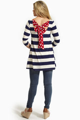 Navy Blue Striped Polka Dot Bow Back Top