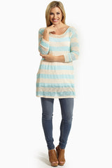 Aqua Beige Striped Knit Crochet Back Top