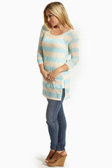 Aqua Beige Striped Knit Crochet Back Top