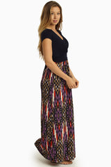 Navy Blue Printed Bottom Draped Maxi Dress