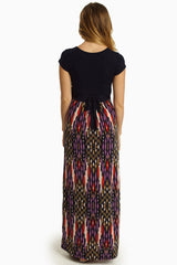 Navy Blue Printed Bottom Draped Maxi Dress