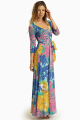 Pink Multi-Color Abstract Print Draped 3/4 Sleeve Maxi Dress