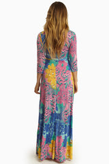 Pink Multi-Color Abstract Print Draped 3/4 Sleeve Maxi Dress