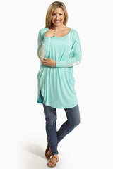 Mint Green Crochet Elbow Patch Tunic