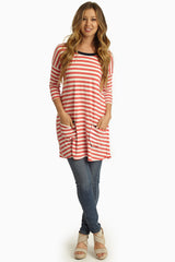 Coral Striped Pocket Front 3/4 Sleeve Tunic