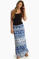 Blue Multi-Colored Bohemian Print Maxi Skirt