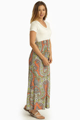 Neon Coral Paisley Print Bottom Maxi Dress