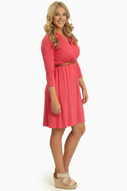 Coral 3/4 Sleeve Belted Dress