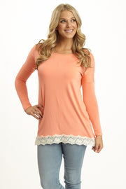 Peach Lace Trim Long Sleeve Top