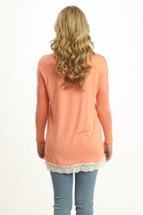 Peach Lace Trim Long Sleeve Top