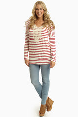 Red Striped Crochet Neckline Top