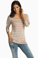 Grey Pink Striped Button Sleeve Top