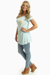 Light Blue Crochet Pocket Short Sleeve Top