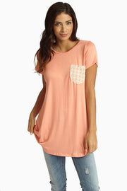 Coral Crochet Pocket Short Sleeve Top