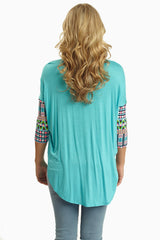 Aqua Neon Multi-Color Printed Sleeve Top