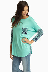 Aqua Navy Damask Printed Sleeve Top