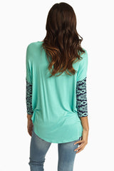 Aqua Navy Damask Printed Sleeve Top